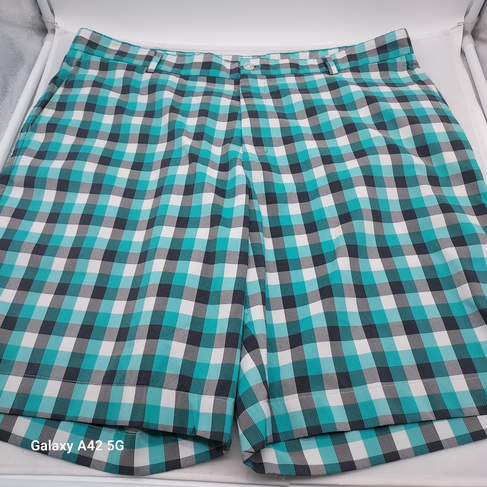 Slazenger‎ Mens Golf Shorts Size 38 Teal Black White Plaid Performance Stretch